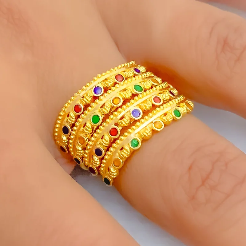 Women’s anniversary band rings-Vibrant Festive 22K Gold Spiral Meena Ring