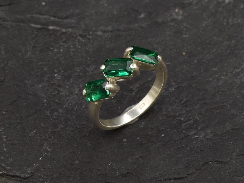 Women’s designer engagement rings-Trilogy Emerald Ring - Green Baguette Band - Cocktail Emerald Ring