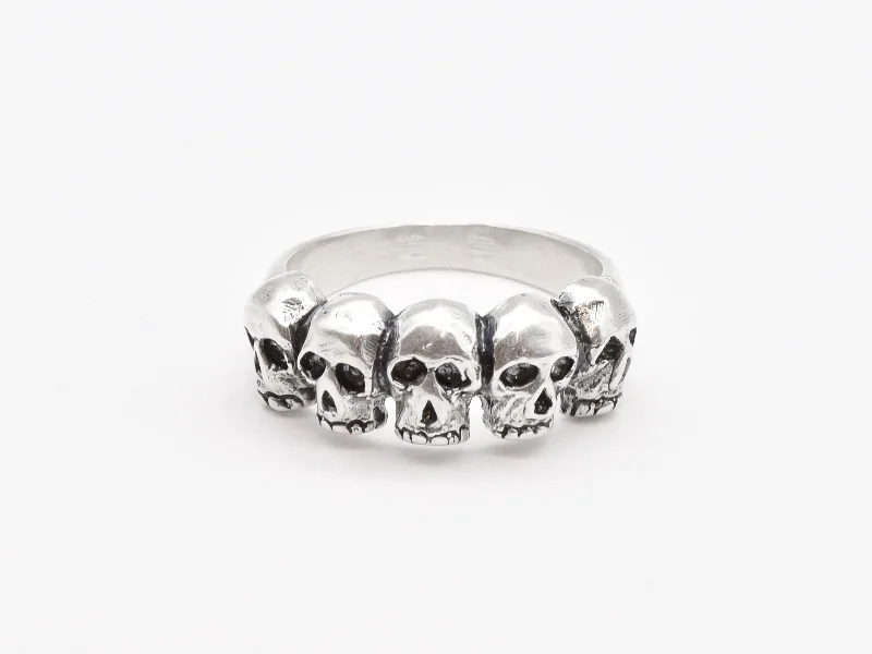 Women’s chic rings-Silver Skull Ring - 5 Skulls Band - Men's Biker Ring