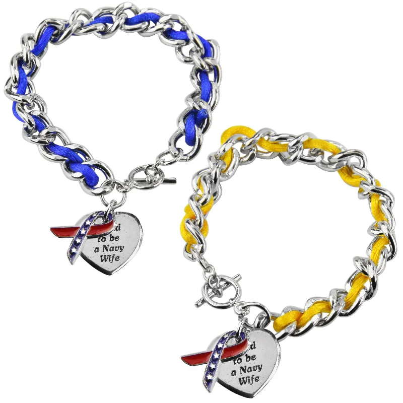 Women's gemstone bangles -Proud to be a Navy Wife Ribbon Charm Bracelet