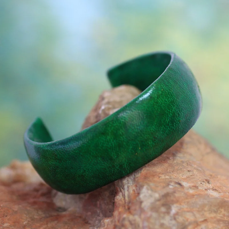 Women's bangles with gold and silver -Annula in Green Handcrafted Modern Leather Cuff Bracelet