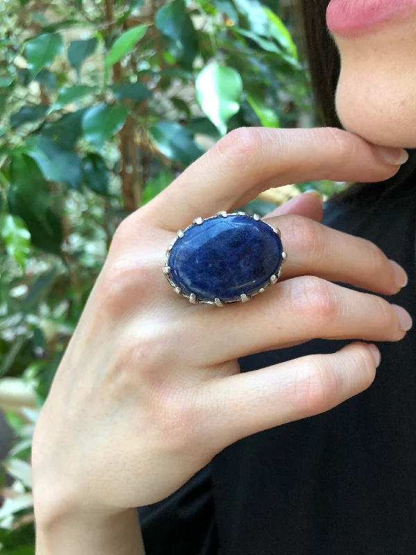 Women’s anniversary rings-Sodalite Ring - Large Blue Ring - Vintage Statement Ring