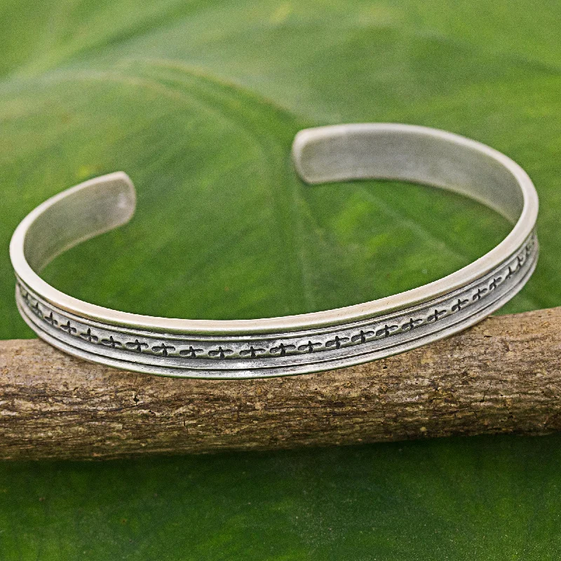 Pearl bangles for women -Mom and Dad Karen Tribe Sterling Silver Cuff Bracelet Cross Thailand