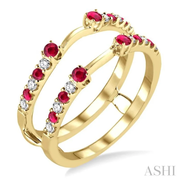 Engagement rings for women with birthstone -2 MM & 1.5 MM Ruby and 1/5 ctw Round Cut Diamond Precious Insert Ring in 14K Yellow Gold