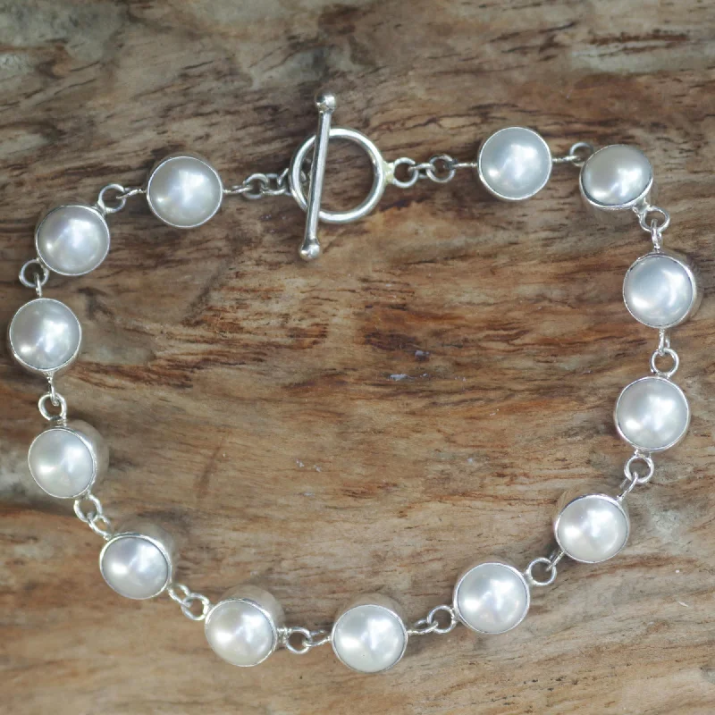 Lightweight women's bangles -Sterling Contrasts Freshwater Pearl Bridal Bracelet