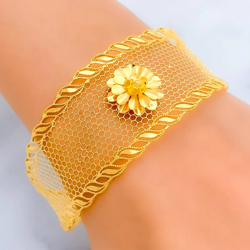 High-end custom women's bangles -Minimalist Radiant Flower 21K Gold Bangle Bracelet