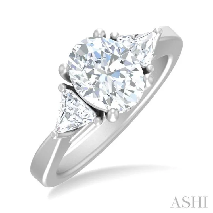 Unique engagement rings for women -1/2 ctw Oval Shape Trillion Cut & Round Cut Diamond Semi Mount Engagement Ring in 14K White Gold