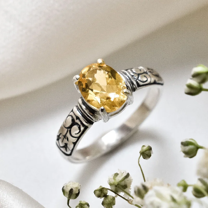 Women’s emerald engagement rings-Tribal Citrine Ring - Boho Silver Band - Solitaire Citrine Ring