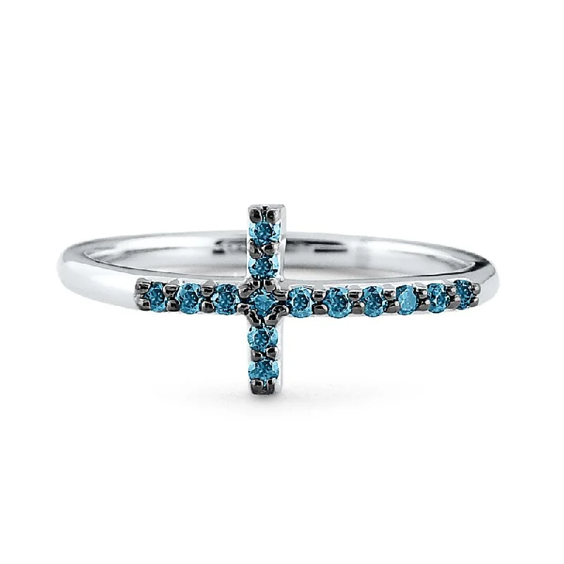 Custom-designed diamond engagement rings for women -14k Gold and Blue Diamond Side Cross Ring