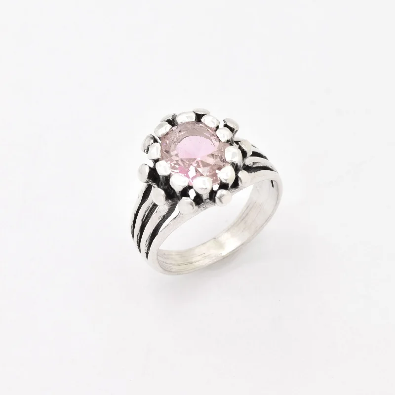 Women’s diamond cocktail rings-Morganite Silver Ring - Pink Flower Ring - Oval Morganite Ring