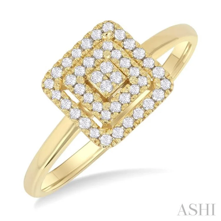 Art deco engagement rings for women -1/6 ctw Double Halo Square Shape Petite Round Cut Diamond Fashion Ring in 10K Yellow Gold