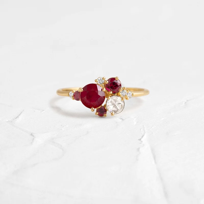 Women’s platinum rings-Ruby and Rose Cluster Ring