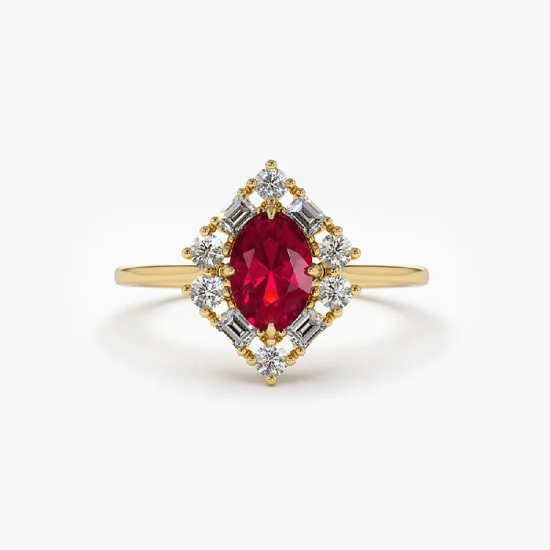 Women’s birthstone rings for mothers-14K Unique Natural Ruby and Baguette Ring