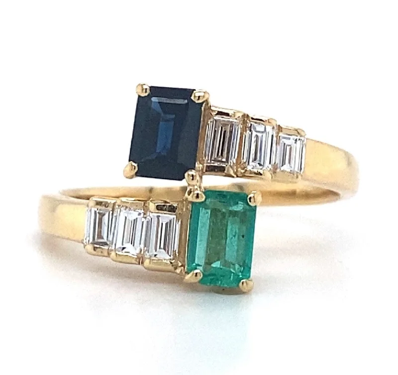 Colored gemstone engagement rings for women -18K Yellow Gold Emerald, Sapphire & Diamond Fashion Bypass Ring