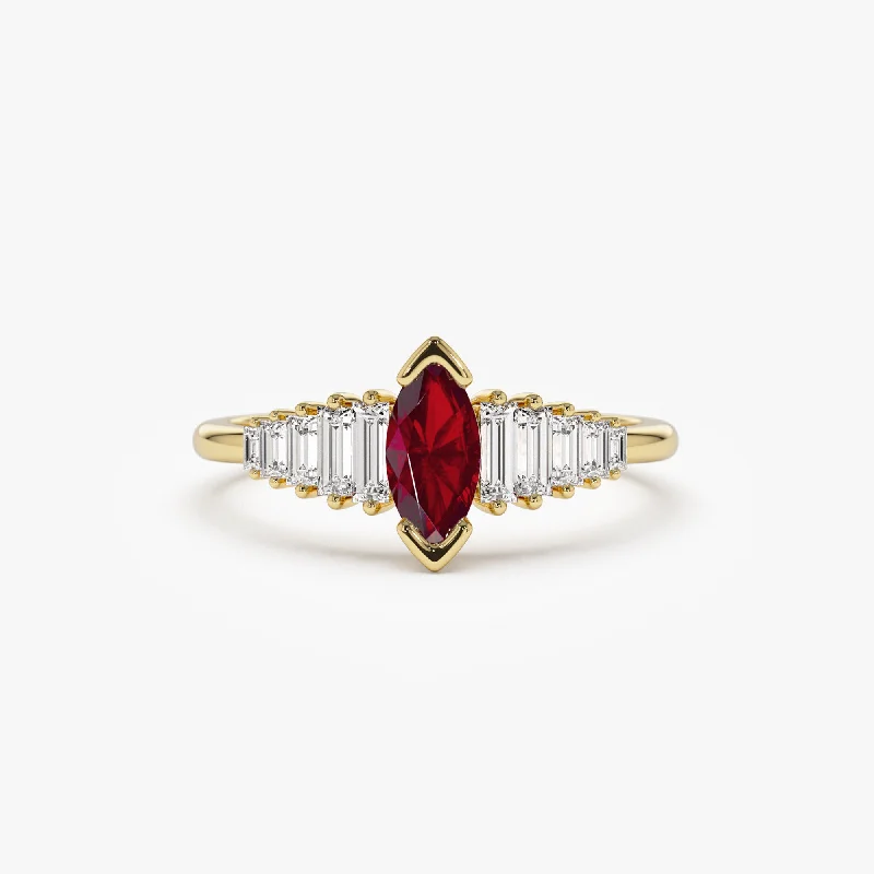 Women’s wedding set rings-14k Gold Marquise Shape Ruby  Ring with Baguette Accents