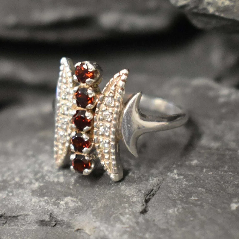 Women’s halo diamond rings-Garnet Statement Ring - Red Garnet Ring - Long Vintage Ring