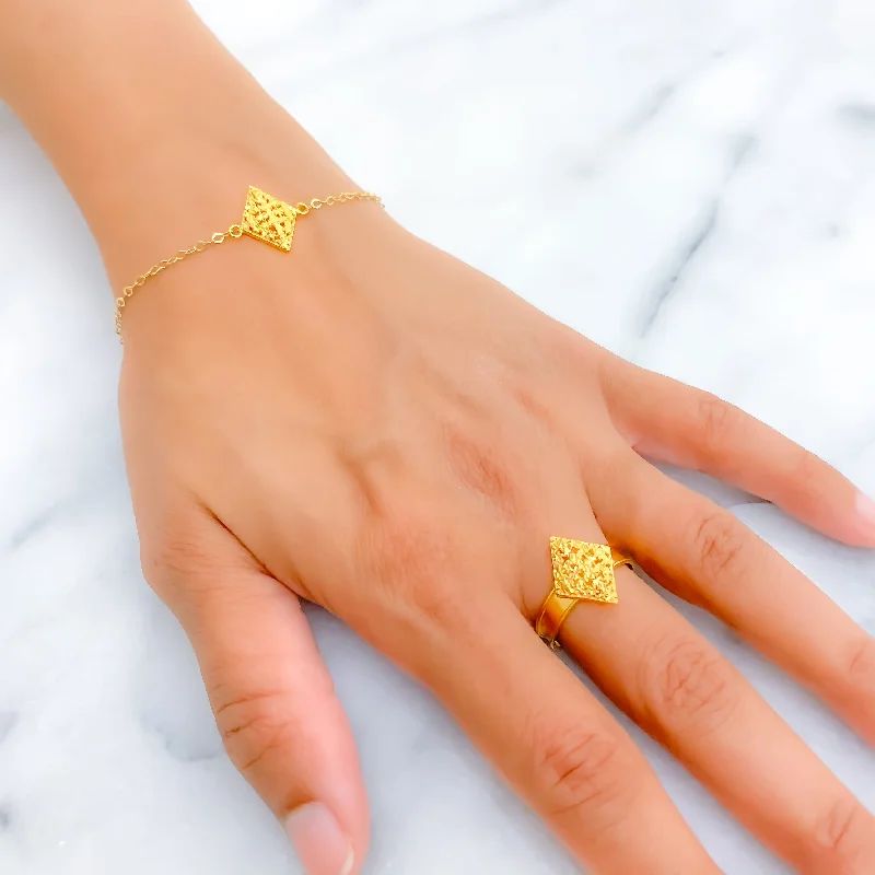 Trendy stackable bracelets for women -Timeless Beautiful Kite Shaped 21k Gold Bracelet W / Matching Ring