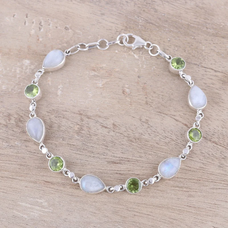 Women's bangle with diamonds -Misty Forest Sterling Silver Rainbow Moonstone and Peridot Link Bracelet