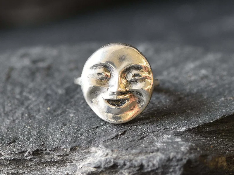 Women’s platinum rings-Moon Face Ring - Silver Mood Ring, Happy Face Ring