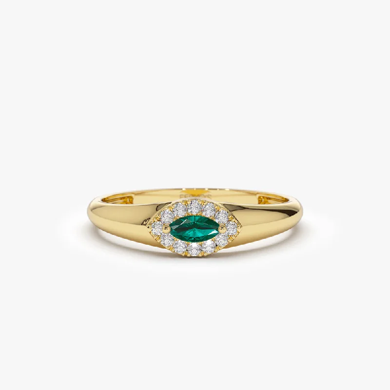 Women’s personalized rings-14k Marquise Emerald Ring in Halo Setting