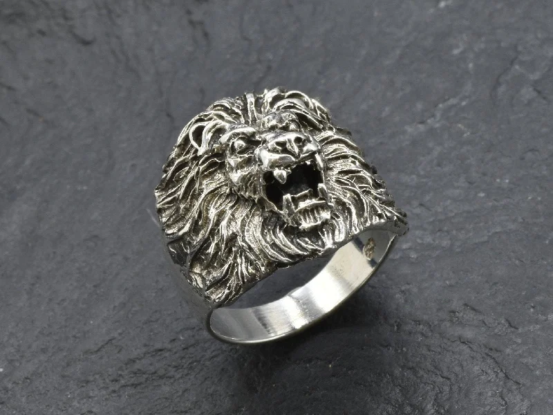 Women’s aquamarine rings-Silver Lion Ring - Animal Statement Ring - Lion Head Ring