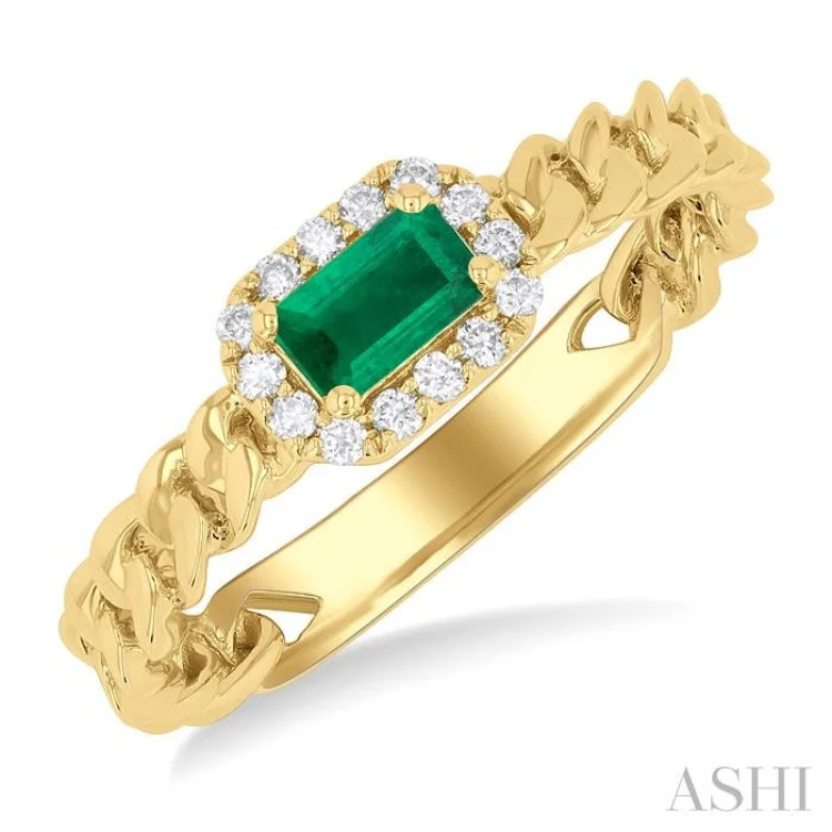 Women's engagement rings with two-tone design -5x3 MM Oval Cut Emerald and 1/10 ctw Curb & Cuban Link East-West Round Cut Diamond Halo Precious Ring in 10K Yellow Gold