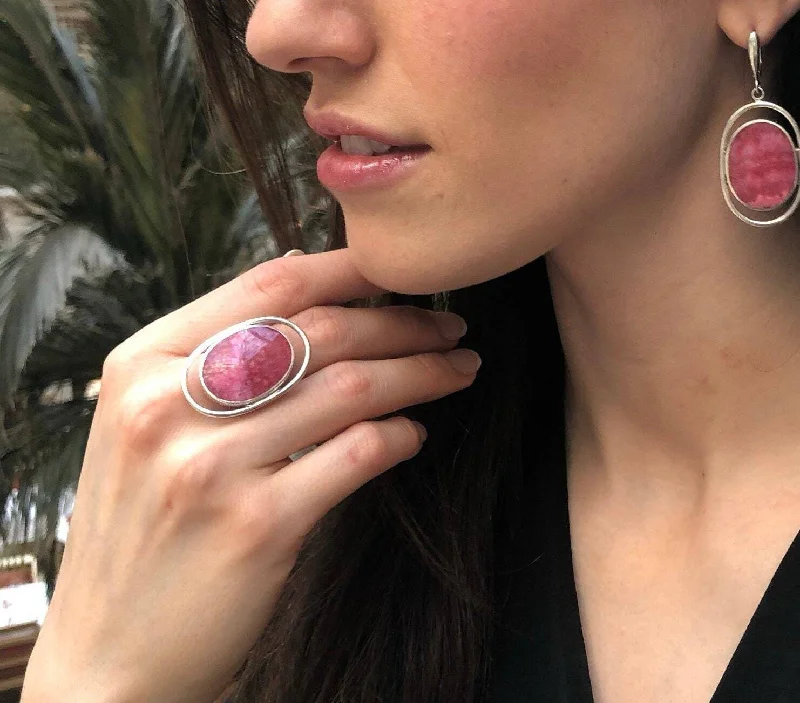 Women’s cocktail rings-Rhodochrosite Ring - Large Pink Ring - Vintage Oval Ring