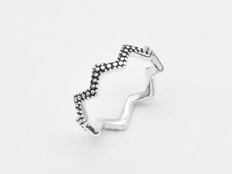 Women’s diamond rings-Silver Zigzag Ring - Beaded Eternity Band - Beaded Wave Ring