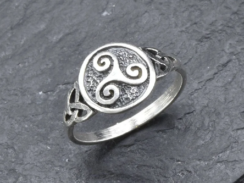 Women’s pearl rings-Triskelion Silver Ring - Silver Celtic Ring - Vintage Symbolic Ring