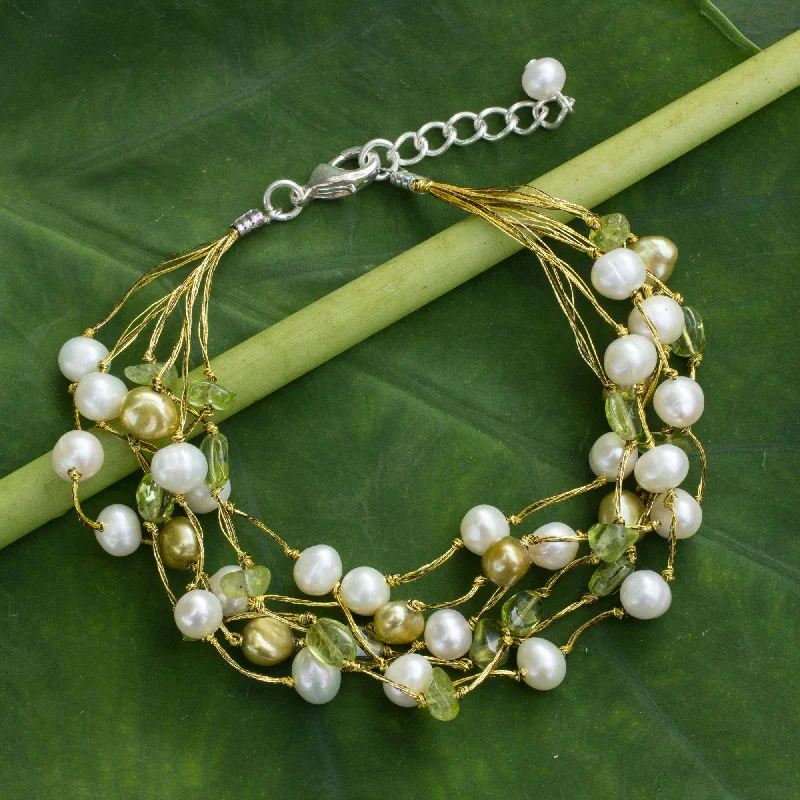 Unique designer bangles for women -Cloud Forest Peridot & Pearl Beaded Bracelet