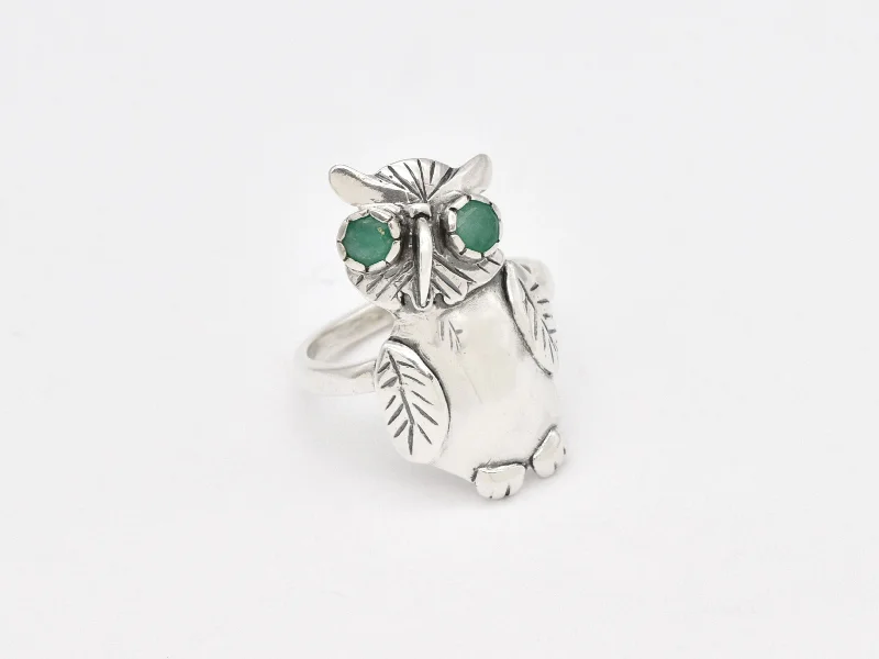 Women’s rose gold engagement rings-Large Owl Ring - Silver Emerald Ring - Statement Bird Ring