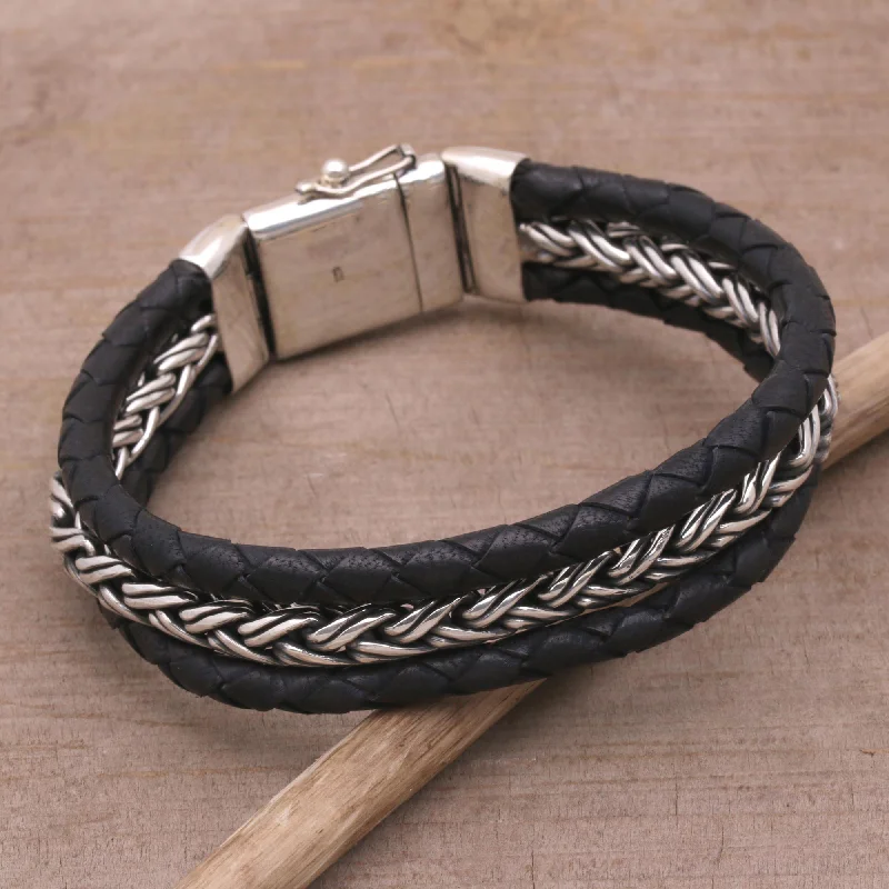 Unique women's bangles -Bold Weave Silver & Leather Bracelet