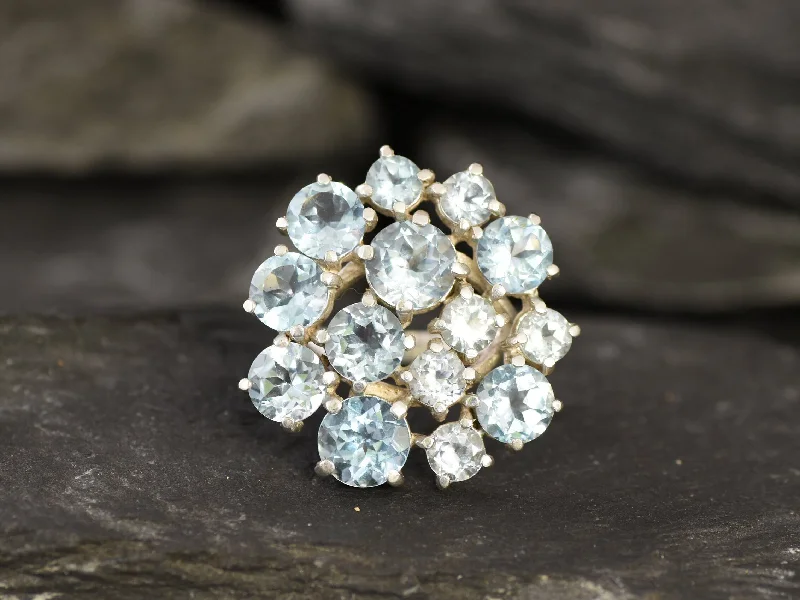 Women’s three-stone rings-Blue Topaz Ring - Large Cluster Ring - Statement Cocktail Ring