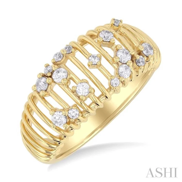 Affordable vintage engagement rings for women -1/3 ctw Open Ribbed Dome Shape Round Cut Diamond Scatter Fashion Ring in 14K Yellow Gold