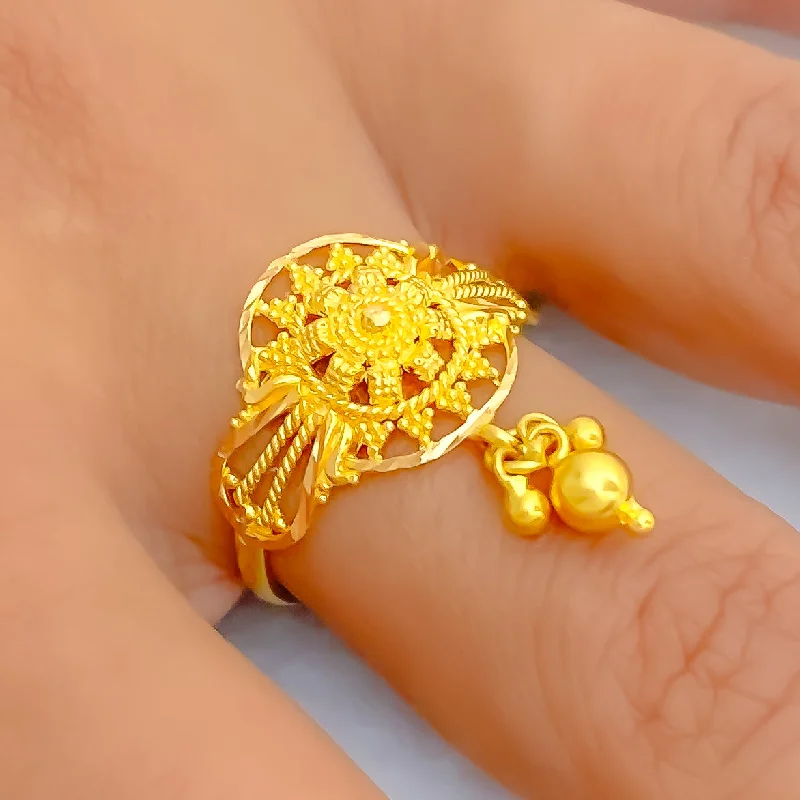 Women’s bold rings-Radiant Tasseled 22K Gold Floral Ring