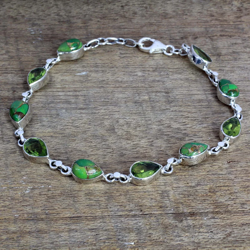 Fashionable women's bracelets -Sunny Drops in Green Peridot Composite Turquoise Link Bracelet from India