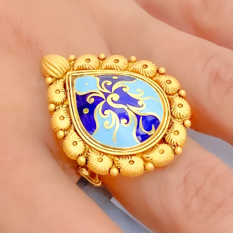 Women’s luxury rings-Impressive 22k Gold Blue Enamel Antique Finish Ring