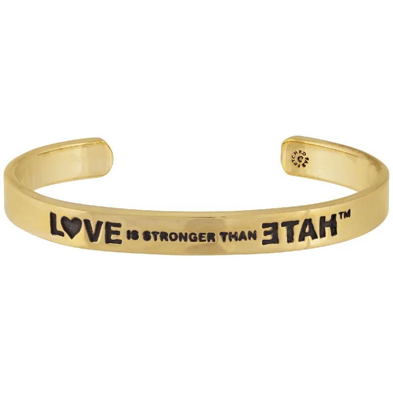 Wedding jewelry bangles for women -Love Is Stronger Than Hate Brass Cuff Bracelet