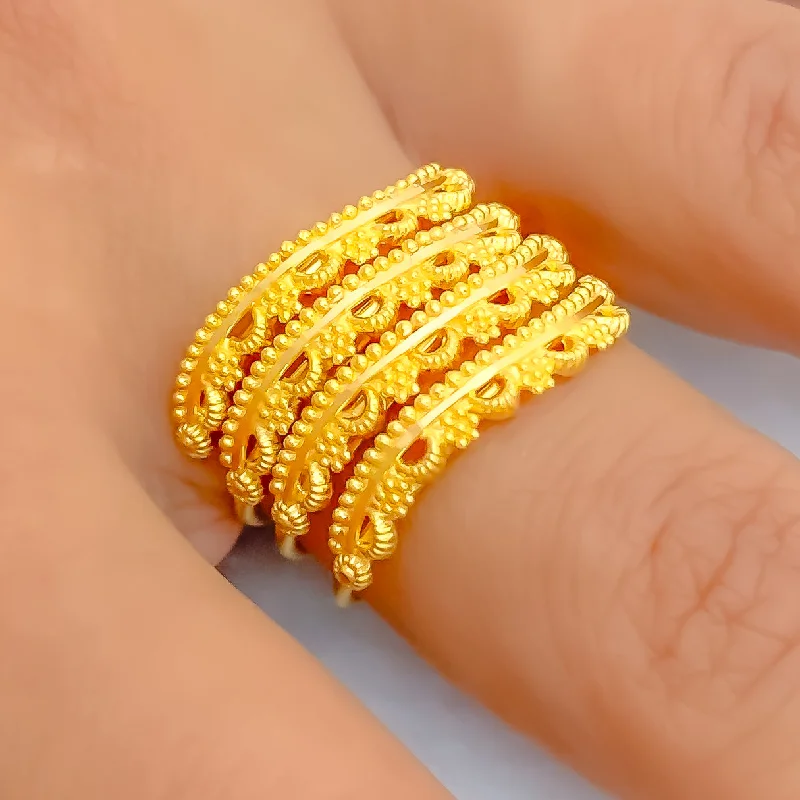 Women’s simple rings-Alternating Beaded Flower 22K Gold Spiral Ring