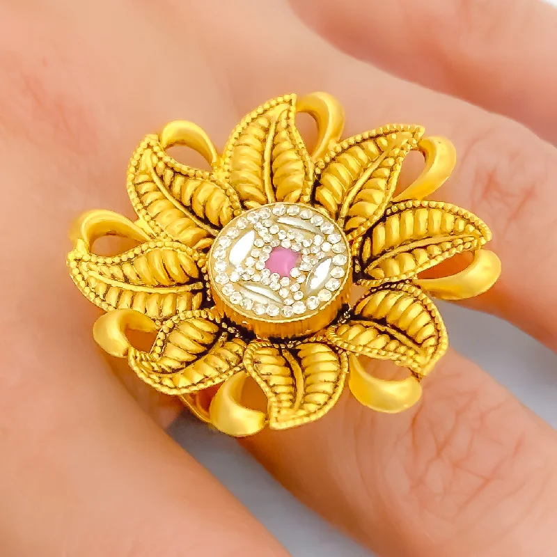 Women’s gemstone rings-Magnificent Floral Leaf 22k Gold Antique Finish Ring