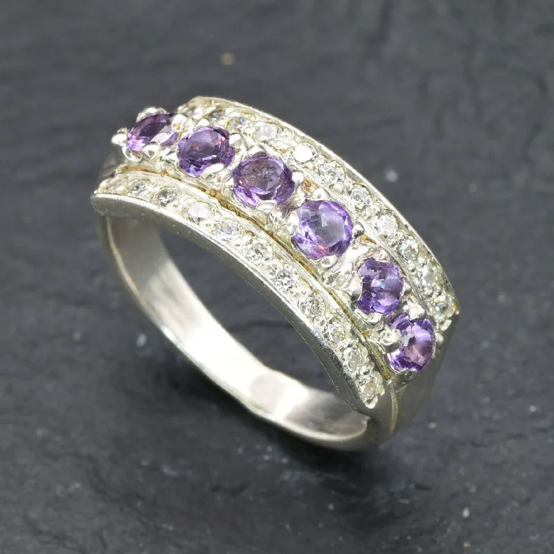 Women’s three-stone rings-Natural Amethyst Ring - Half Eternity Ring - Purple Vintage Ring