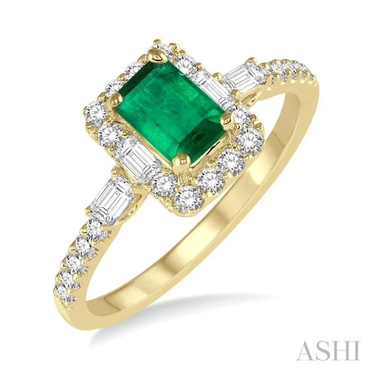 Solitaire engagement rings for women -6x4 MM Octagon Cut Emerald and 1/2 ctw Round Cut Diamond Precious Ring in 14K Yellow Gold