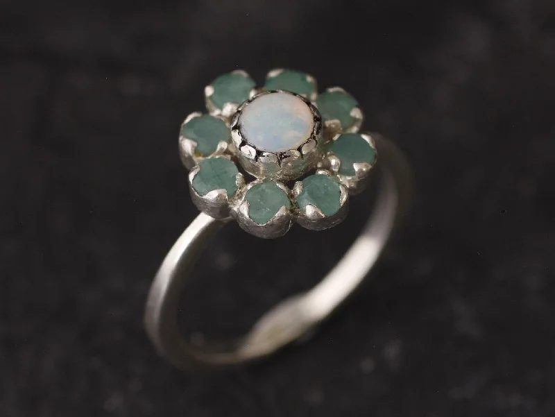 Women’s fashion rings-Opal Flower Ring - Genuine Emerald Ring -  Vintage Cocktail Ring