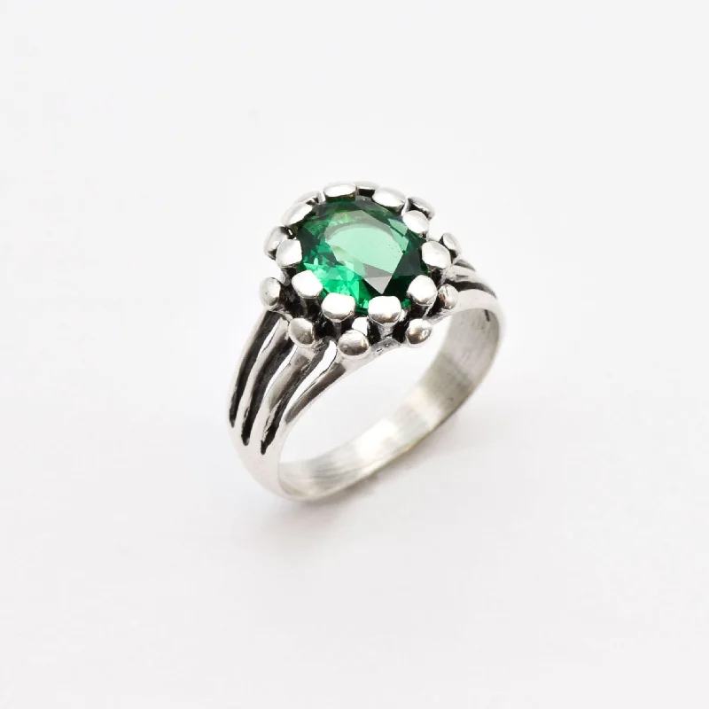 Women’s eternity diamond rings-Emerald Flower Ring - Green Vintage Ring - Solitaire Emerald Ring