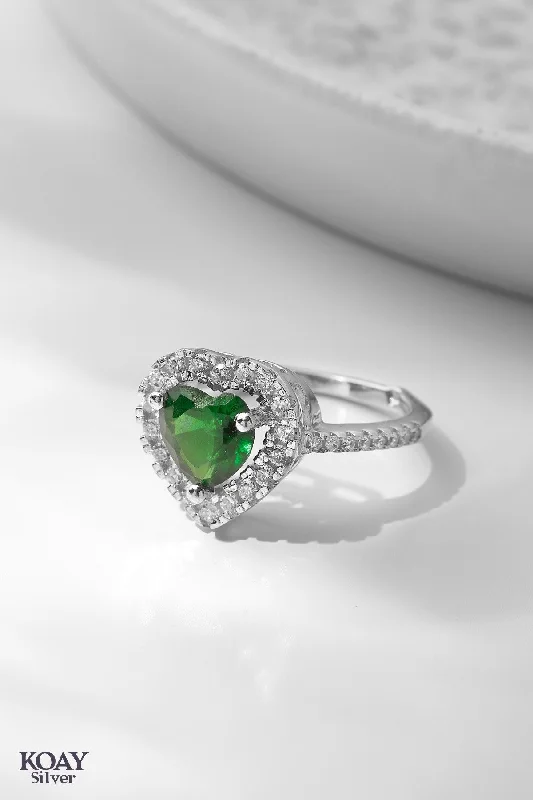 Women’s sterling silver rings-Zircon Green Heart Ring