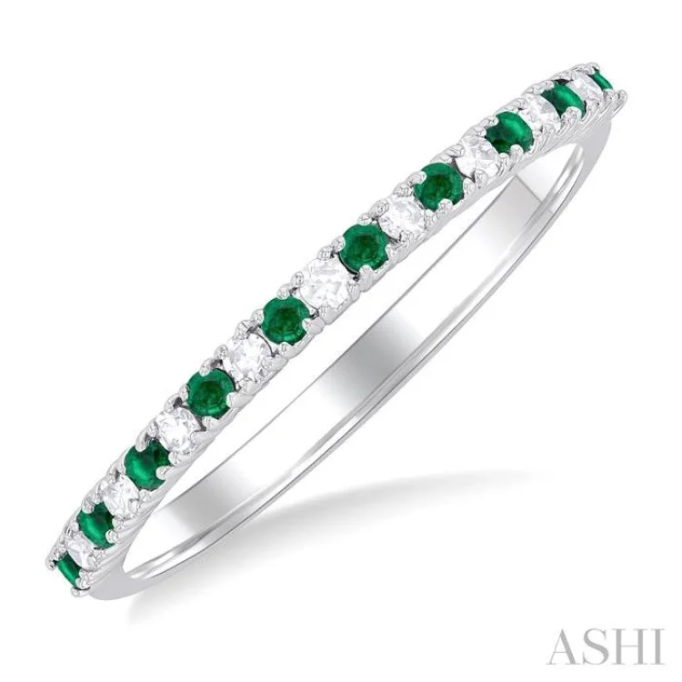 Classic solitaire engagement rings for women -1.35 MM Round Cut Emerald and 1/10 ctw Petite Round Cut Diamond Precious Stack Band in 10K White Gold