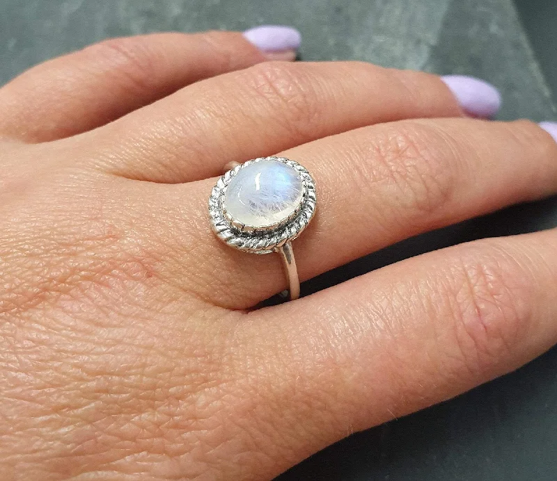 Women’s floral rings-Rainbow Moonstone Ring - White Promise Ring - Vintage Oval Ring