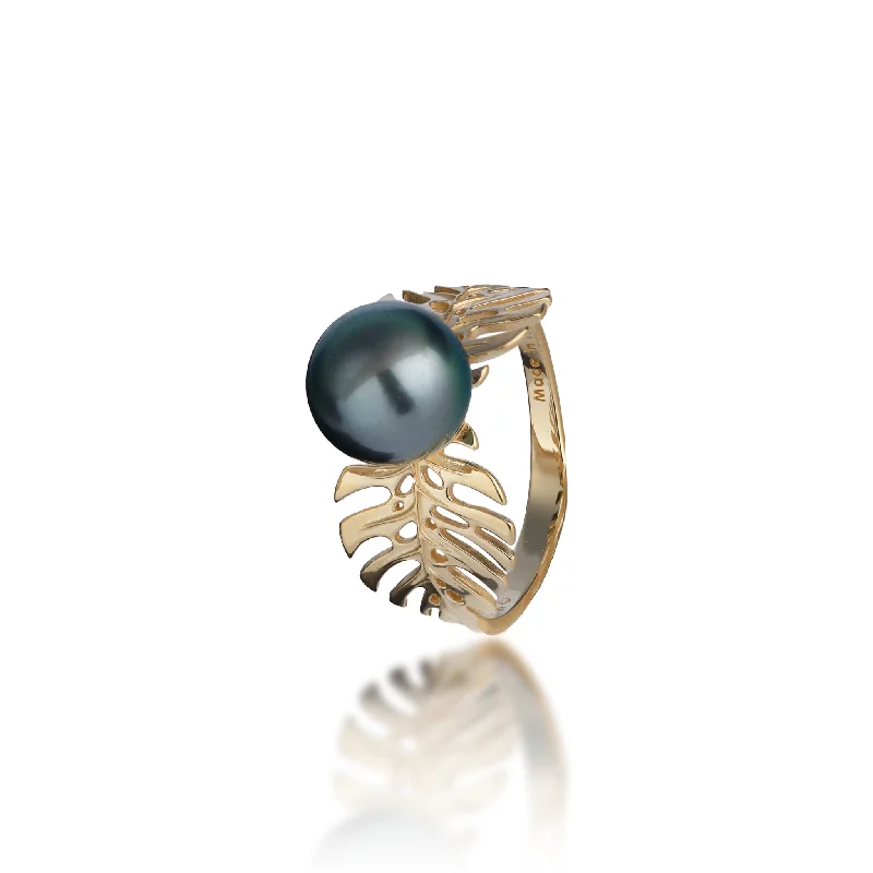 Women’s engagement rings with diamonds-Monstera Tahitian Black Pearl Ring in Gold - 8-9mm