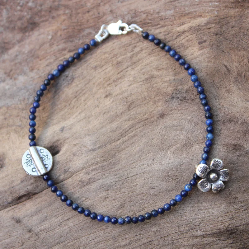 Women's bracelet and chain -Hill Tribe River Lapis Lazuli & Silver Beaded Bracelet