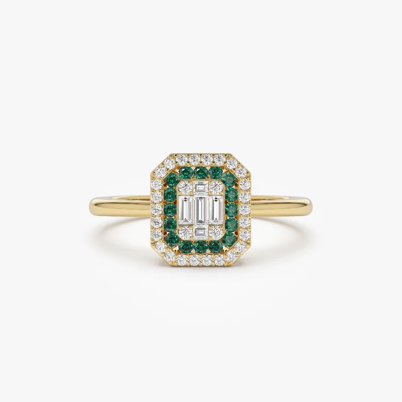 Women’s vintage wedding rings-14k Baguette and Round Emerald Ring with Halo Setting